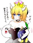  bare_shoulders blonde_hair blue_eyes blush bob-omb boo bowsette bracelet breasts cleavage collar crown fang flying_sweatdrops holding horns jewelry jin_mocoyama mario_(series) new_super_mario_bros._u_deluxe ponytail shell spiked_armlet spiked_bracelet spiked_collar spiked_shell spikes super_crown sweat translation_request turtle_shell white_background 