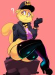  ? anthro cat clothing collar feline female footwear gloves hat high_heeled_boots high_heels jacket lilly_(vimhomeless) looking_at_viewer mammal pink_background pinup pose shoes simple_background sitting solo thong vimhomeless yellow_eyes 