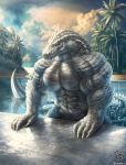  abs anthro avian beach biceps big_claws big_muscles bird claws cloud crocodile crocodilian detailed_background jugg4 korboryn looking_at_viewer male muscular muscular_male nude palm_tree partially_submerged pecs red_eyes reptile scales scalie seaside solo standing swimming_pool teeth tree tropical vein water wet white_scales 
