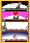  2girls 4koma axe bare_shoulders battle_axe blonde_hair blue_eyes bowsette bracelet breasts bridge collar comic commentary crown dress heart holding holding_hands holding_weapon horns jewelry kogane_(staygold) large_breasts mario mario_(series) multiple_girls new_super_mario_bros._u_deluxe pixel_art ponytail princess_peach red_hair spiked_bracelet spiked_collar spikes super_crown super_mario_bros. weapon 