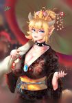  4zz black_nails blonde_hair blue_eyes bowsette breasts cleavage collar crown earrings food_print hair_ornament horns japanese_clothes jewelry kimono large_breasts long_hair looking_at_viewer mario_(series) mushroom mushroom_print nail_polish new_super_mario_bros._u_deluxe obi open_mouth pointy_ears print_kimono sash smile solo spiked_collar spikes super_crown wide_sleeves yukata 