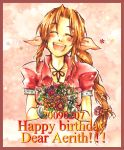  aerith_gainsborough bow braid brown_hair commentary_request cropped_jacket dress final_fantasy final_fantasy_vii hair_ribbon long_hair pink_bow ribbon single_braid smile solo traditional_media watercolor_pencil_(medium) yado_(halloween-junkie) 