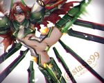  akilico alternate_color blazblue forehead_protector gloves long_hair mecha_musume mu-12 navel red_hair solo thighhighs yellow_eyes 