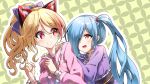  2girls absurdres animal_ears bangle bangs blonde_hair blue_hair blush bow bracelet cat_ears darjeeling_(reley) eyebrows_visible_through_hair fake_animal_ears fingernails floral_print frilled_kimono frills glowing grin hair_between_eyes hair_bow hair_over_one_eye hands_on_another's_shoulders hands_up high_ponytail highres japanese_clothes jewelry kimono long_hair long_sleeves looking_at_another looking_back multicolored_hair multiple_girls nail_polish nekonoki_mochi obi open_mouth pink_hair pink_kimono pink_nails ponytail print_kimono purple_bow purple_kimono red_eyes sash side_ponytail smile streaked_hair very_long_hair virtual_youtuber wide_sleeves yamato_iori 