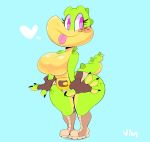  &lt;3 anthro belt big_breasts blue_background boots breasts chibi clothed clothing croc_(vimhomeless) crocodile crocodilian featureless_breasts female fingerless_gloves footwear gloves looking_at_viewer pink_eyes reptile scalie shorts simple_background solo tongue tongue_out topless vimhomeless voluptuous wide_hips 