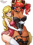 2018 alternate_species animal_humanoid arms_above_head armwear big_breasts blonde_hair blue_eyes blush bowser bowsette_meme breasts camel_toe cleavage clothed clothing collar crossgender crown dark_skin duo ear_piercing elbow_gloves female female/female garter_straps gloves hair horn hug human humanoid humanoidized koopa legwear long_hair mammal mario_bros minacream nintendo open_mouth open_smile piercing ponytail princess_peach red_eyes red_hair scalie simple_background smile spiked_collar spikes stockings super_crown thigh_highs video_games 
