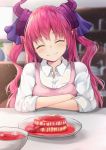  alternate_costume apron arm_support blood blurry blurry_background blush bowl closed_eyes closed_mouth collared_shirt curled_horns depth_of_field elizabeth_bathory_(fate) elizabeth_bathory_(fate)_(all) eyeball facing_viewer fang_out fate/grand_order fate_(series) flower food head_tilt indoors inora long_hair md5_mismatch meat pink_apron pink_hair plate pointy_ears shelf shirt sidelocks sleeves_rolled_up smile solo soup table tongue two_side_up upper_body vase wavy_hair white_shirt wing_collar 
