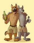  2017 anthro belt canine clothed clothing digital_media_(artwork) dog duo fur german_shepherd hi_res male mammal muscular muscular_male paintfox shorts topless wolf 