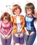  3girls apotea arm_up bangs between_legs black_panties black_pants blue_eyes blue_jacket blue_shorts blush breasts brown_eyes brown_hair collarbone embarrassed eyebrows_visible_through_hair female gluteal_fold grey_panties half-closed_eye half-closed_eyes hand_beneath_clothes hand_between_legs hand_in_pocket hands_together have_to_pee heavy_breathing highres honda_mio idolmaster idolmaster_cinderella_girls jacket japanese_text jewelry lace lace-trimmed_panties legs_together long_hair long_sleeves looking_at_viewer matching_hair/eyes medium_breasts multiple_girls necklace nose_blush one_eye_closed open_mouth orange_jacket outstretched_arm panties pants pink_jacket shibuya_rin shimamura_uzuki shiny shiny_hair shirt short_hair shorts simple_background speech_bubble standing star sweat tears teeth text_focus tied_hair translation_request trembling underwear wet wet_clothes wet_panties white_background white_panties white_shirt x-ray yellow_eyes zipper zipper_pull_tab 