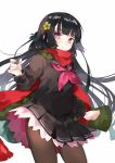  black_hair black_sailor_collar black_serafuku black_shirt black_skirt blush brown_legwear closed_mouth commentary_request cowboy_shot enpera flower girls_frontline hair_flower hair_ornament hasegawa_(rarairairai) highres long_hair long_sleeves neckerchief pantyhose pleated_skirt red_eyes red_neckwear red_scarf sailor_collar scarf school_uniform serafuku shirt simple_background skirt solo standing type_100_(girls_frontline) white_background 