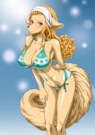  1girl :3 animal_ears bare_legs bikini blonde_hair blush breasts curvy erect_nipples female furry game_cg large_breasts long_hair looking_at_viewer nel-zel_formula one_piece shiny simple_background smile solo standing swimsuit tail wanda_(one_piece) 
