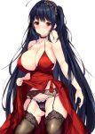  ahoge alternate_costume alternate_hairstyle ass_visible_through_thighs azur_lane bangs bare_shoulders black_garter_belt black_hair blush breasts choker cleavage cocktail_dress collarbone commentary_request contrapposto cowboy_shot dress dress_lift eyebrows_visible_through_hair fine_fabric_emphasis fukuda_shuushi garter_belt groin hair_between_eyes hair_ornament highres huge_breasts lace lace-trimmed_garter_belt lace-trimmed_thighhighs large_breasts lifted_by_self lingerie long_hair looking_at_viewer one_side_up panties panties_over_garter_belt plump purple_panties red_choker red_dress red_eyes see-through simple_background skindentation smile solo standing taihou_(azur_lane) thighhighs thighs underwear unmoving_pattern very_long_hair white_background 