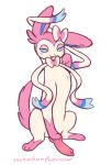  2018 animal_genitalia animal_penis blush_sticker canine canine_penis eeveelution electrikestorm erection feral fur half-closed_eyes hand_on_penis hi_res knot male mammal nintendo penis pink_fur pok&eacute;mon pok&eacute;mon_(species) ribbons sitting solo sylveon video_games white_fur 