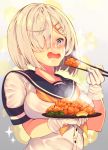  blue_eyes blue_sailor_collar blush breasts chopsticks commentary_request drooling eyebrows_visible_through_hair food food_request fruit gloves gradient gradient_background hair_ornament hair_over_one_eye hairclip hamakaze_(kantai_collection) heart heart-shaped_pupils highres holding holding_chopsticks holding_plate hungry kantai_collection left-handed lemon lemon_slice medium_breasts mizuyoukan_(mikususannda) neckerchief nose_blush open_mouth plate sailor_collar school_uniform serafuku shiny shiny_hair short_hair short_sleeves solo sparkle steam sweat symbol-shaped_pupils white_gloves white_hair yellow_neckwear 