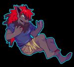  2018 4_toes 5_fingers anthro anthrofied black_hair canine claws clothing floating fur green_eyes grey_fur hair male mammal nintendo pants pok&eacute;mon pok&eacute;mon_(species) red_hair shirt simple_background smile solo toes video_games voegel zoroark 