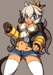  ass_visible_through_thighs average-hanzo bad_anatomy belt black_eyes blazblue blue_earrings blush breasts bullet bullet_(blazblue) bullet_bill cleavage clenched_hand commentary crossover crown cutoffs dark_skin denim denim_shorts earrings english_commentary facial_scar fingerless_gloves flat_color fusion gloves grey_hair groin hand_up jacket jewelry large_breasts long_hair mario_(series) micro_shorts namesake navel necklace new_super_mario_bros._u_deluxe nose_scar princess sanpaku scar sharp_teeth shirt shorts skindentation solo standing super_crown teeth thighhighs white_legwear white_shirt yellow_eyes 