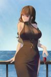  against_railing alcohol bangs bare_shoulders black_dress black_ribbon blue_sky blunt_bangs breasts brown_hair chinese_commentary cleavage commentary_request covered_navel cowboy_shot cup day dress drinking_glass dsr-50_(girls_frontline) earrings eyebrows_visible_through_hair girls_frontline head_tilt holding holding_cup horizon jewelry large_breasts lips long_hair looking_at_viewer ocean olin_(nienxddd) outdoors pelvic_curtain pink_lips red_eyes ribbon shawl sidelocks sky sleeveless sleeveless_dress solo water wine 