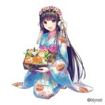  bangs black_hair blue_eyes blue_kimono blunt_bangs blush company_name floral_print food head_wreath highres hinamatsuri japanese_clothes kimono kneeling long_hair looking_at_viewer obentou official_art onigiri open_mouth otosume_ruiko pea_pod sangoku_infinity smile very_long_hair white_legwear wide_sleeves 