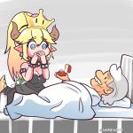  1koma absurdres bangs bare_shoulders bed black_dress blonde_hair blue_eyes bow bowsette bracelet brooch comic commentary crown dress earrings facial_hair gimme2000 hair_between_eyes hands_on_own_face highres horns hospital_bed hospital_gown jewelry long_ponytail loss mario mario_(series) meme mustache new_super_mario_bros._u_deluxe old_man pointy_ears proposal red_bow ring ring_box sleeveless sleeveless_dress spiked_armlet spiked_bracelet spiked_shell spiked_tail spikes strapless strapless_dress super_crown tail tearing_up turtle_shell under_covers wedding_ring white_hair 