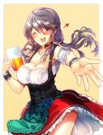  ;d alcohol alternate_costume alternate_hairstyle apron armpits beer beer_mug blush breasts choker cleavage collarbone commentary corset cowboy_shot cup dirndl dress eyebrows_visible_through_hair flying_heart german_clothes grey_hair hair_between_eyes hair_ornament hair_tie hairband hairclip haruna_(kantai_collection) highres holding holding_cup jewelry kantai_collection large_breasts long_hair looking_at_viewer oktoberfest one_eye_closed open_mouth outside_border reaching_out remodel_(kantai_collection) ring simple_background smile solo thighs tsukui_kachou twintails underbust wedding_band 