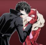  1girl amamiya_ren black_coat black_hair blonde_hair bodysuit cat_mask cleavage_cutout closed_eyes gloves hand_on_another's_cheek hand_on_another's_face highres imminent_kiss long_hair parted_lips persona persona_5 pink_gloves red_background red_bodysuit red_gloves takamaki_anne twintails yolkyao 