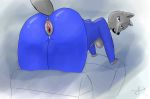  2018 anthro ass_up big_breasts blue_eyes blush breasts butt canine clothing digital_media_(artwork) female fur hi_res jypher looking_at_viewer mammal nipples open_mouth pussy simple_background solo 