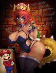  2018 artist-apprentice587 bowser bowsette_meme bracelet breasts choker clothing crossgender female hi_res horn humanoid jewelry legwear looking_at_viewer mammal mario mario_bros nintendo open_mouth simple_background smile spiked_tail super_crown text_focus thighhighs video_games whip 