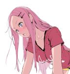  all_fours anemone_(eureka_seven) bangs blush breasts casual cleavage contemporary eureka_seven eureka_seven_(series) forehead hair_ornament hairclip highres kanasebench long_hair medium_breasts parted_bangs pink_hair purple_eyes shirt short_shorts shorts sidelocks simple_background solo t-shirt white_background 