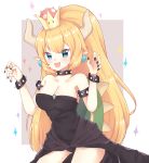  :d armlet ass_visible_through_thighs bangs bare_shoulders black_leotard black_nails blonde_hair blue_eyes blush bowsette bracelet breasts brown_background claw_pose cleavage collar commentary_request covered_navel crown earrings eyebrows_visible_through_hair fingernails hands_up high_ponytail highres horns jewelry large_breasts leaning_forward leotard light_(luxiao_deng) long_hair mario_(series) nail_polish new_super_mario_bros._u_deluxe open_mouth pointy_ears ponytail sidelocks smile solo sparkle spiked_armlet spiked_bracelet spiked_collar spikes strapless strapless_leotard super_crown two-tone_background very_long_hair white_background 