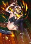  1girl adsouto bare_shoulders blonde_hair blue_eyes blush bowsette bracelet breasts cleavage collar crown earrings fire high_heels horns jewelry large_breasts mario_(series) nail_polish nintendo open_mouth pointy_ears solo spiked_bracelet spiked_collar spikes super_crown thighhighs 