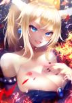  absurdres arm_at_side bangs bare_shoulders black_dress black_nails blonde_hair blue_earrings blush bowsette bracelet breasts breathing_fire brooch cleavage collar dress energy fangs fire hair_between_eyes hand_on_own_chest head_tilt highres horns huge_breasts jewelry light light_blue_eyes looking_at_viewer mario_(series) nail_polish new_super_mario_bros._u_deluxe open_mouth pink_lips pointy_ears raised_eyebrow sakamoto_nozoumi shiny shiny_hair shiny_skin sidelocks smile solo spiked_bracelet spiked_collar spikes strapless strapless_dress super_crown tsurime upper_body 