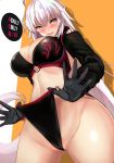  bikini_pull black_bikini black_gloves black_jacket breasts commentary_request cropped_jacket fate/grand_order fate_(series) gloves jacket jeanne_d'arc_(alter_swimsuit_berserker) jeanne_d'arc_(fate)_(all) large_breasts long_hair o-ring o-ring_bikini o-ring_bottom o-ring_top partially_visible_vulva swimsuit untsue white_hair yellow_eyes 