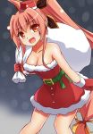  bag bare_shoulders belt breasts cleavage collarbone elsword eyebrows_visible_through_hair fang gloves hair_ribbon hat highres ignia_(elsword) long_hair orange_eyes orange_hair ponytail priestess ribbon santa_costume smile 