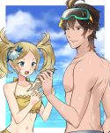  1girl :d a_meno0 bangs bikini blonde_hair blue_eyes blue_sky breasts brown_eyes brown_hair cleavage day fire_emblem fire_emblem:_kakusei frederik_(fire_emblem) frilled_bikini frills hair_ornament holding liz_(fire_emblem) long_hair navel open_mouth outdoors parted_bangs shell_hair_ornament sketch sky small_breasts smile star star_hair_ornament swimsuit twintails wet yellow_bikini 