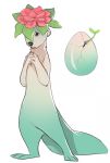  3_toes 5_fingers ambiguous_gender anthro digitigrade egg flora_fauna flower fur hatching humanoid_hands jailbird leaves mammal marten mustelid nude open_mouth plant shy simple_background standing teeth toes white_background 