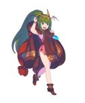  arm_up armpits bangs bracelet brown_footwear cape chiki dress eyebrows_visible_through_hair fire_emblem fire_emblem:_monshou_no_nazo fire_emblem_heroes full_body green_eyes green_hair highres hood hood_down jewelry long_hair looking_at_viewer mamkute nagisa_kurousagi non-web_source official_art open_mouth pink_dress pink_legwear pointy_ears ponytail shiny shiny_hair short_dress sidelocks smile solo standing stone tiara transparent_background very_long_hair 