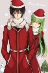  1girl black_hair c.c. christmas_tree coat code_geass eyebrows_visible_through_hair fang_out fur_trim green_hair grey_background grey_scarf hair_between_eyes hands_in_pockets hands_on_another's_shoulders hat highres leaning_to_the_side lelouch_lamperouge long_hair lucky_keai merry_christmas purple_eyes red_coat red_hat santa_costume santa_hat scarf smile snowflakes snowman standing very_long_hair yellow_eyes 