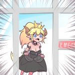  1koma absurdres bangs bare_shoulders black_dress blonde_hair blue_eyes blush_stickers bowsette bracelet brooch collar comic commentary crown day dress earrings emphasis_lines fang gimme2000 hair_between_eyes highres holding_skirt horns jewelry long_ponytail loss mario_(series) meme new_super_mario_bros._u_deluxe pointy_ears running sleeveless sleeveless_dress spiked_armlet spiked_bracelet spiked_collar spiked_shell spiked_tail spikes strapless strapless_dress super_crown tail turtle_shell 