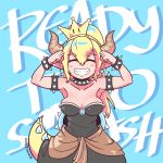  absurdres arms_up bangs bare_shoulders black_dress blonde_hair blush_stickers bowsette bracelet brooch clenched_hands closed_eyes collar comic commentary crown dress earrings english_commentary fangs gimme2000 hair_between_eyes highres horns jewelry long_ponytail mario_(series) new_super_mario_bros._u_deluxe pointy_ears sharp_teeth sleeveless sleeveless_dress smile spiked_armlet spiked_bracelet spiked_collar spiked_shell spiked_tail spikes strapless strapless_dress super_crown tail teeth thick_eyebrows 
