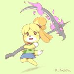  animal_crossing anthro barefoot blush buckteeth canine castlevania clothed clothing crossover cute dog female floppy_ears fur green_background iamsako isabelle_(animal_crossing) konami looking_away mammal melee_weapon nintendo open_mouth polearm rosy_cheeks scythe shih_tzu shirt simple_background skirt smile solo super_smash_bros super_smash_bros._ultimate teeth tongue video_games weapon 
