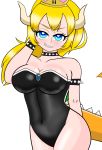  1girl armlet bae_shoulders bangs black_leotard blonde_hair blue_eyes bowsette bracelet breasts chaoschrome cleavage collar crown eyebrows_visible_through_hair gem horns jewelry large_breast leotard long_hair looking_at_viewer mario_(series) new_super_mario_bros._u_deluxe nintendo smug solo spiked_bracelet spiked_collar spikes strapless strapless_leotard super_crown super_mario_bros. tail thighs turtle_shell 