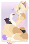  2018 4_toes 5_fingers anthro barefoot blonde_hair blue_eyes breasts canine clothed clothing digital_media_(artwork) ei-ka female hair mammal panties pawpads purple_nose purple_pawpads sitting solo toes underwear wolf 