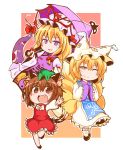  ;) animal_ears blonde_hair bow bowtie brown_eyes brown_hair cat_ears cat_tail chen chibi chinese_clothes commentary dress earrings fang fox_ears fox_tail frilled_skirt frills full_body gap green_hat hair_between_eyes hands_in_opposite_sleeves hat hat_ribbon holding holding_umbrella jewelry long_hair long_sleeves looking_at_viewer mob_cap multiple_girls multiple_tails one_eye_closed open_mouth outstretched_arms parasol pillow_hat purple_eyes red_ribbon red_vest ribbon shiromamekei shirt short_hair skirt skirt_set smile tabard tail tassel touhou two-tone_background two_tails umbrella vest white_dress white_hat white_legwear white_shirt wide_sleeves yakumo_ran yakumo_yukari yellow_eyes 