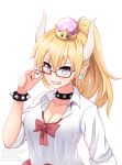  adjusting_eyewear alternate_costume ardenlolo bangs bespectacled black_bra black_nails blonde_hair blue_eyes blush bow bowsette bowtie bra bracelet collared_shirt commentary crown fangs glasses grey_earrings grin gyaru hair_between_eyes horns jewelry kogal lace lace-trimmed_bra long_ponytail looking_at_viewer loose_bowtie mario_(series) nail_polish new_super_mario_bros._u_deluxe open_collar outline pointy_ears red_neckwear school_uniform see-through shiny shiny_hair shirt short_sleeves sidelocks sleeves_rolled_up smile solo spiked_bracelet spikes super_crown underwear upper_body watermark web_address white_background white_shirt 