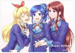  aikatsu! aikatsu!_(series) bangs blonde_hair blue_eyes blue_hair brown_hair closed_eyes commentary_request eyebrows_visible_through_hair fervent_idiot girl_sandwich highres holding_hands hoshimiya_ichigo kiriya_aoi long_hair looking_at_viewer multiple_girls purple_eyes sandwiched school_uniform shibuki_ran soleil starlight_academy_uniform upper_teeth white_background 