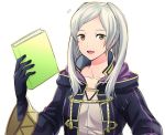  :d a_meno0 bangs black_gloves brown_eyes collarbone female_my_unit_(fire_emblem:_kakusei) fire_emblem fire_emblem:_kakusei gloves holding long_hair my_unit_(fire_emblem:_kakusei) open_mouth parted_bangs silver_hair simple_background smile solo upper_body white_background 