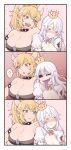 3koma ? bangs bare_shoulders black_dress black_sclera blonde_hair blue_eyes blush bowsette breasts brooch cleavage closed_eyes collar collarbone colored_eyelashes comic commentary_request couple crazy_eyes crazy_smile crown detached_collar dress earrings fangs fingernails frilled_collar frilled_dress frilled_sleeves frills full-face_blush gameplay_mechanics hair_between_eyes hand_on_another's_shoulder hands_on_another's_shoulders highres jewelry large_breasts long_fingernails long_ponytail long_tongue looking_at_another looking_away luigi's_mansion mario_(series) monster_girl motion_lines multiple_girls nail_polish new_super_mario_bros._u_deluxe open_mouth otonari pointy_ears princess_king_boo puffy_short_sleeves puffy_sleeves purple_tongue red_eyes shaded_face sharp_teeth short_sleeves spiked_armlet spiked_collar spikes spoken_question_mark super_crown teeth tilted_headwear tongue tongue_out tsundere wavy_mouth white_dress white_hair yuri 