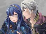  1girl a_meno0 armor black_gloves blue_eyes blue_gloves blue_hair brown_eyes collarbone diadem eyebrows_visible_through_hair fingerless_gloves fire_emblem fire_emblem:_kakusei gloves hair_between_eyes hand_on_another's_shoulder long_hair lucina male_my_unit_(fire_emblem:_kakusei) my_unit_(fire_emblem:_kakusei) open_mouth parted_lips silver_hair sweatdrop upper_body 