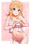  bare_shoulders blonde_hair bra breasts commentary_request detached_sleeves eyebrows_visible_through_hair green_eyes hair_between_eyes heart heart-shaped_boob_challenge heart_hands hoshii_miki idolmaster idolmaster_(classic) lingerie long_hair looking_at_viewer md5_mismatch medium_breasts nail_polish navel panties pettan_p pink_nails smile solo stomach striped striped_bra striped_panties striped_sleeves underwear underwear_only 