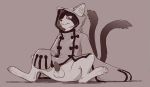  2018 2_tails animal_genitalia animal_penis anthro balls blazblue cat clothed clothing erection eye_patch eyewear feline fur hood jubei male mammal monochrome multi_tail nude penis simple_background slash0x solo video_games 